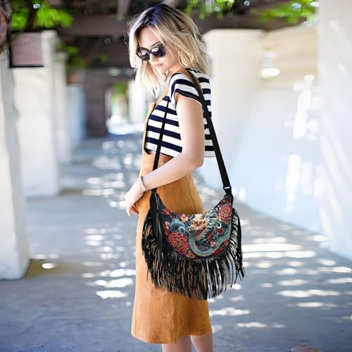 Image of CEBUGI Women's Fringe Crossbody Tassel Purse Celebration Chinese Dragon Hobo Shoulder Bags Crossbody Handbag with Adjustable Shoulder Straps