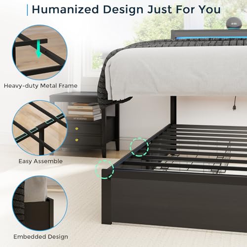 Image of Queen Bed Frame with 4 Storage Drawers, Queen Size Bed Frame, Rustic Grey | LED Light, Charging Station, Wood Headboard, Metal Platform, No Box Spring Needed, Noise Free, Easy Assembly