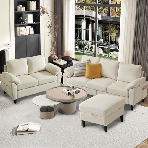 Image of 79.72 inch 3 Piece Corduroy Sofa Set with Storage Ottoman & Loveseat, L Shaped Sectional Couch with Side Pockets, Convertible Living Room Furniture Set for Small Space