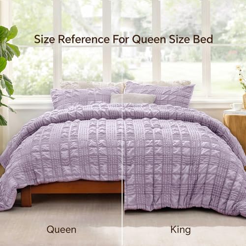 Image of BEDELITE King Size Comforter Set, Seersucker Bedding Set 3 Pieces, Lavender | All Season Use, Machine Washable, Soft and Lightweight, Ruched Comforter for Bedroom, Wrinkle-Resistant, Cozy and Stylish