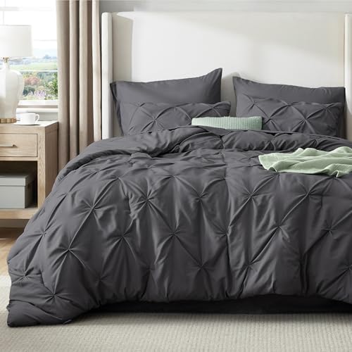 Image of Bedsure King Size Comforter Set Dark Grey - Bed in a Bag Bedding Set 7 Pieces, GentleSoft Pintuck Bed Set Gift for Family, All Season Down Alternative Comforter with Sheets, Pillowcases & Shams