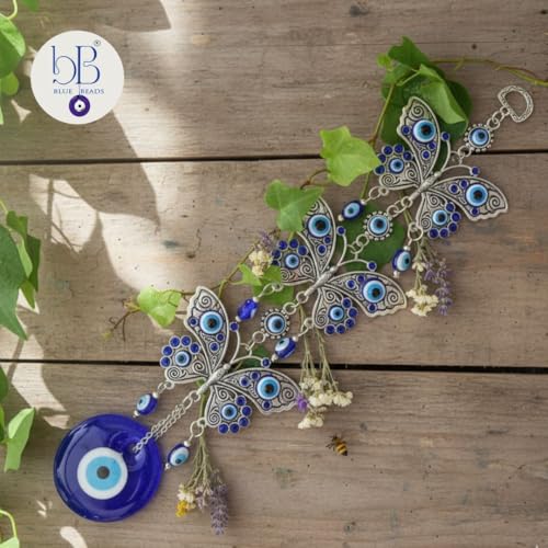 Image of BLUE BEADS Turkish Feng Shui Vastu Blue Glass Evil Eye Hanging /Door Hanging Nazar Batu for Protection and Good Luck - Perfect for Gifting Home or Office (3 Layer BFLY)