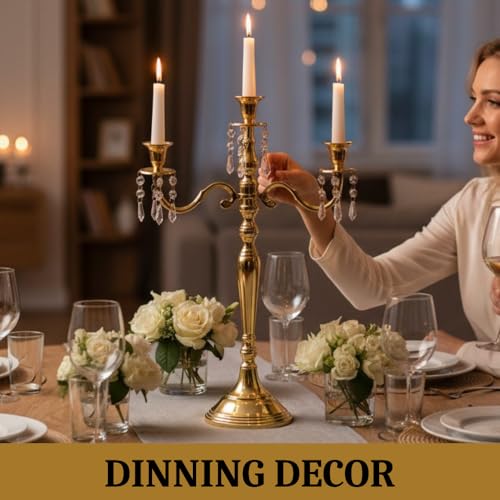 Image of Premium 24 Inch Golden Aluminum 3-Arm Candle Stand with Crystal Hangings | Luxury Centerpiece for Home Decor, Weddings, Festive Decoration & Dining Table
