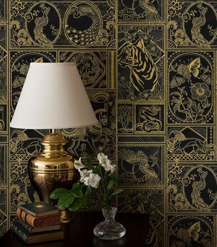 Erfoni Black and Gold Wallpaper Vintage Peel and Stick Wallpaper Special Animals Pattern Contact Paper Stick and Peel Self Adhesive Removable Wall Paper for Countertop Cabinets Covering 78.7'x17.7'