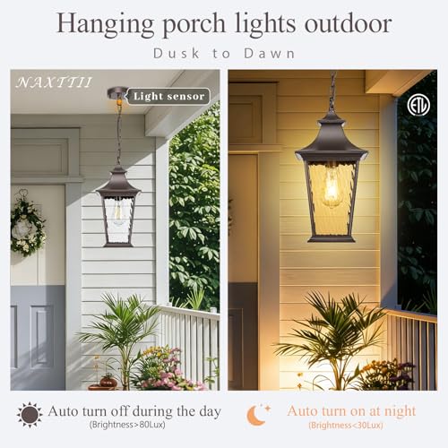 Image of Outdoor Pendant Lights for Porch 16.5 inch Large Dusk to Dawn Outdoor Chandelier with Water Ripple Glass Oil Rubbed Bronze Modern Hanging Porch Light with Adjustable Chain E27 Socket