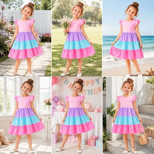 Image of HILEELANG Girls Cotton Tiered Dress Flutter Ruffle Sleeve Summer Swing Sundress Birthday Party Casual Outfit Colorblock 2-12Y