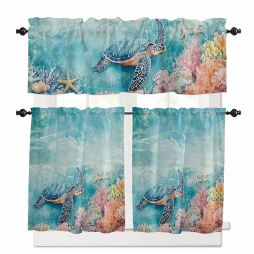 Turtle Kitchen Curtains 24 Inch Length, 3 Piece Rod Pocket Small Half Tiers and Valance Set, Coastal Ocean Starfish Coral Watercolor Blue Small Large Window Treatment Decor for Bedroom/Bathroom Sink
