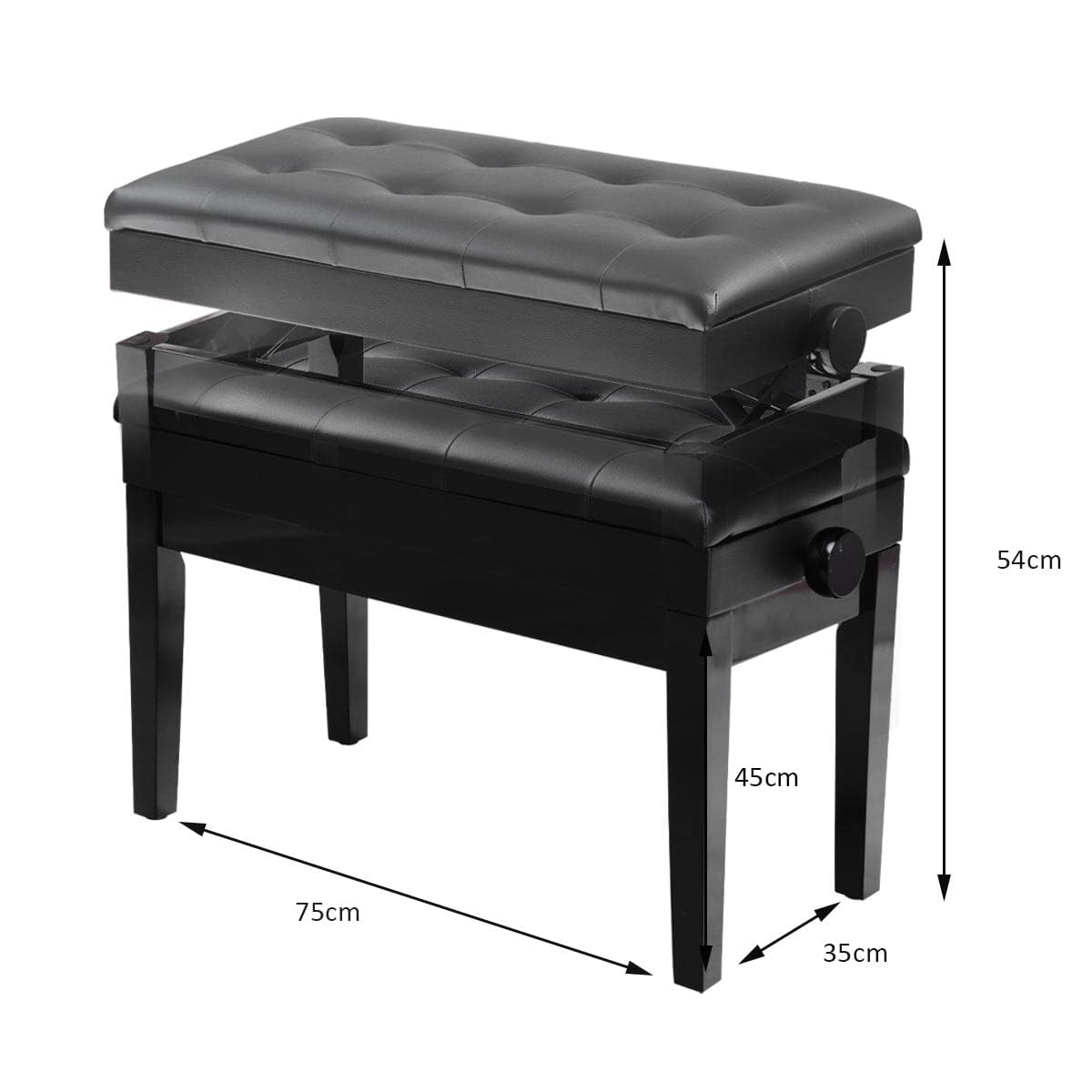 LIFEZEAL Taburete Doble para Piano, Banco de Piano de Altura Ajustable, Banqueta de Piano con Caja de Almacenamiento Oculto, Asiento de Piano de Piel sintética, Marco de Madera Maciza, Negro