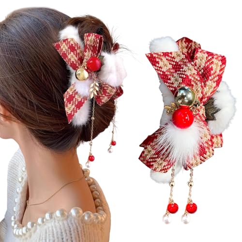 Pinza de cabello roja de Navidad para mujer con borlas