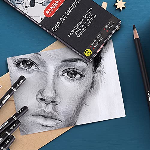 Pandafly Professional Charcoal Pencils Drawing Set - 8 Pieces Super Soft, Soft, Medium And Hard Charcoal Pencils For Drawing, Sketching, Shading, Artist Pencils For Beginners & Artists #TOP3