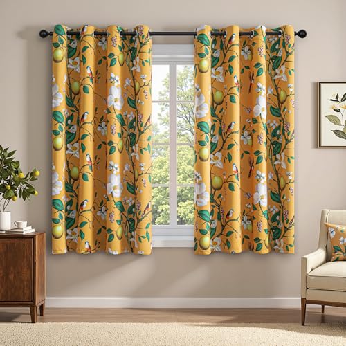 Image of MYSKY HOME Floral Blackout Curtains 63 inch Length, Vintage Floral Curtains for Living Room Bird Lemon Patterned Curtain for Bedroom Farmhouse, Room Darkening Grommet Drapes 2 Panels, 52W Each Panel