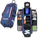 Fanwoli 100L Rolling Baseball Catchers Gear Bag - Large Softball Equipment Duffle with Wheels, Locker-Style Organizer with 5 Fence Hooks, Multi Pockets, Holds 8 Bats, Vented Shoe Zone, Pro Navy