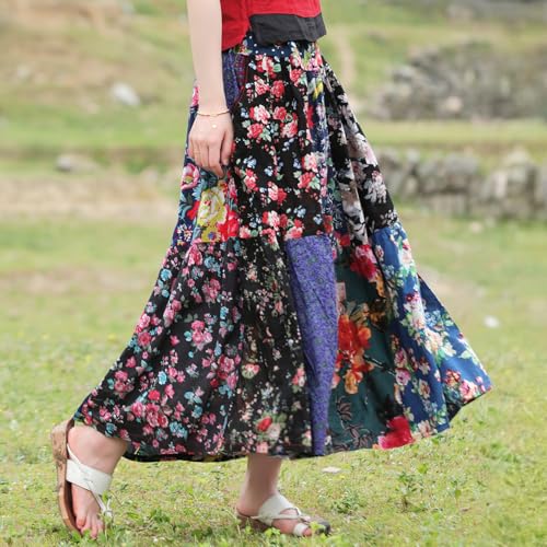 Women's Bohemian Floral Patchwork Maxi Skirts 2025 Festival Trend Breathable Cotton Yoga & Travel Sundress2