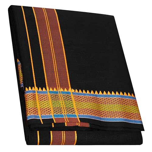Image of TUNI MANI Men's Panchakacham Dhoti with Angavasthram with Zari Border, Cotton, Size: 9 X 5 (4.0mtr Dhoti, 2.25mtr Towel)