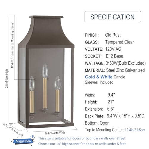 Image of 21 inch Large Classic Outdoor Wall Lantern Light For House Exterior,Handcrafted Old Rust Metal Cage Mounted Pocket Wall Sconce W /Clear Tempered Glass,Waterproof for Porch, Patio, Garage&Front Door E12