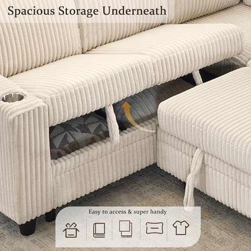 Image of KEIKI 81 inch L-Shaped Oversized Corduroy Modular Sectional Sleeper Sofa with Pull-Out Bed, Storage Seat, Modern 5-Seater Upholstered Couch Bed with Charging Station, Easy Assembly, for Living Room, Beige