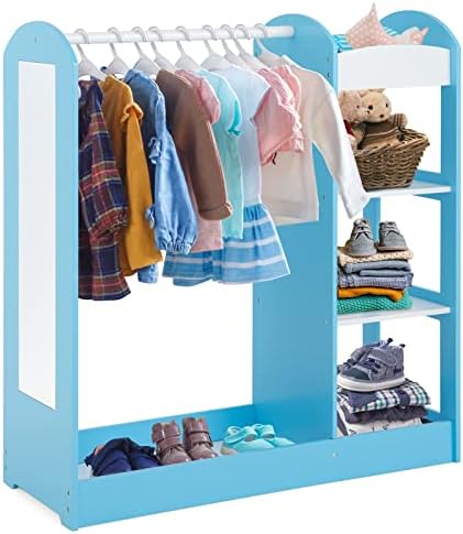 UIIAIOUIAIO Kids Dress up Storage with Mirror, Kids Play Armoire Dresser with Mirror, Kids Costume Organizer, Pretend Storage Closet for Kids, Open Hanging Armoire Closet for Little Girls (Blue)