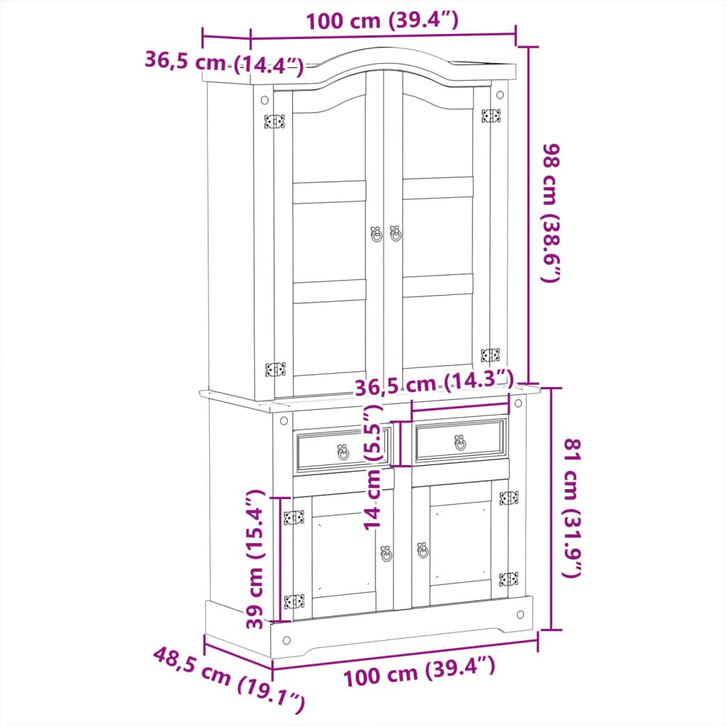 Vitrina Corona 100 x 48,5 x 179 cm, madera maciza de pino acabado en cera de miel, armario rústico con puertas de cristal, espacio de almacenamiento para colecciones, duradero, resistente