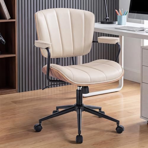 Image of Mid Century Modern Office Chair, Fixed Back Rolling Desk Chair with Armrests and Walnut Back, Adjustable Height for Home Office, Beige