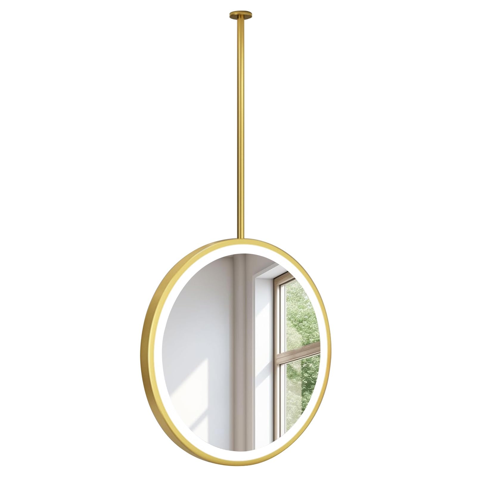 FGXHHS Lighted Mirror for Bathroom Wall, 40cm 50cm 60cm 70cm Smart Illuminated Vanity Mirrors with Ceiling Hanging Rod - Gold/Round Metal Frame(Diameter-50CM/19.7INCH)