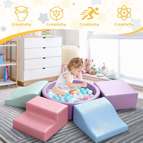 Image of Hoohtoot Foam Climbing Blocks for Toddler: with 4-Piece PU Leather Climbing Toys and a Ball Pit - Foam Ball Pit for Toddlers - Climbing Toys Indoor for Kids Crawling (Purple Climbing Blocks)