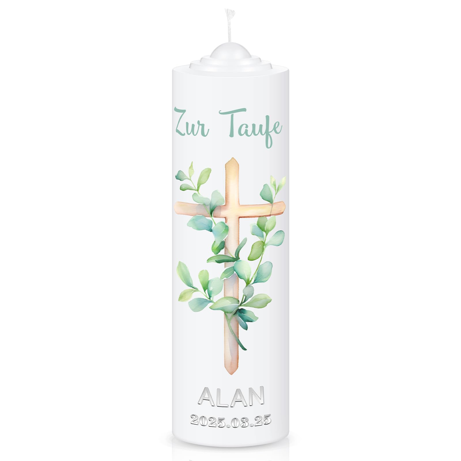 Taufkerze Taufgeschenk Kommunionkerze Set für Mädchen Jungen Taufe Kommunion Geschenk Stumpenkerze und Aufkleber für Taufe Erstkommunion(Eucalipto)