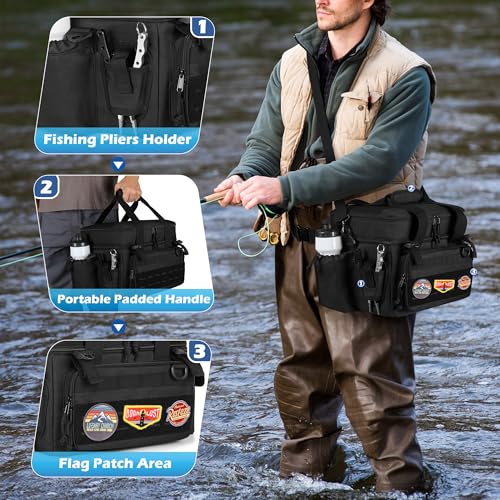 DSLEAF-Fishing-Tackle-Bag-for-35003600-Boxes-Soft-Waterproof-Bottom-with-Rod-Holder-Straps-for-Saltwater-or-Freshwater-Fishing