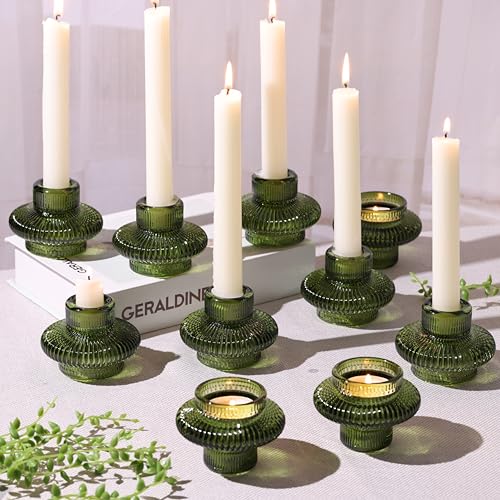 Green Taper Candle Holders Set of 10 for Taper Candles/Tea Lights, Ribbed Glass Candlestick Holders for Boho Wedding Table, Vintage Candle Sticks Holder Decor Home Decor