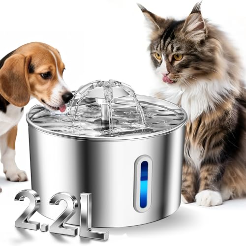 Cat Water Fountain Stainless Steel - 74oz/2.2L Pet Dog Water Dispenser Automatic Silent Cats Dispenser for Drinking Indoor Metal Kitty Spout Fountains with 3 Filters & 3 Sponges Christmas Stuff Gifts