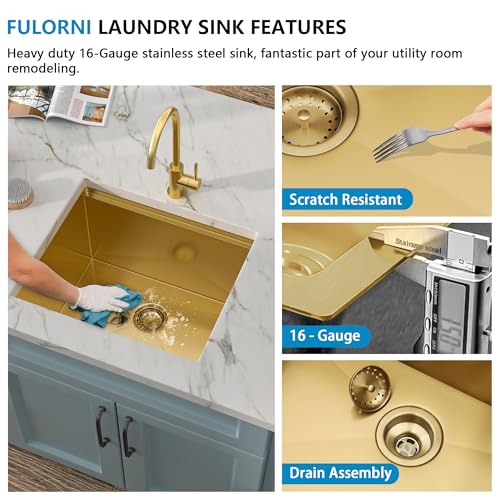 Image of 21 inchx18 inch Undermount Laundry Utility Sink Workstation - Brushed Gold NANO-PVD, 16 Gauge 304 Stainless Steel, 12 Inch Deep Single Bowl Sink Basin for Laundry Room, RV or Utility Use