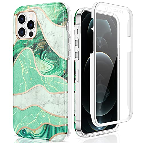 Maxdara Marble Case for iPhone 12 Pro Max Full Body Case with Built-in Screen Protector Dual Layer Shockproof Protective for Girls Women Marble Phone Case for iPhone 12 Pro Max 6.7 inch (Green)