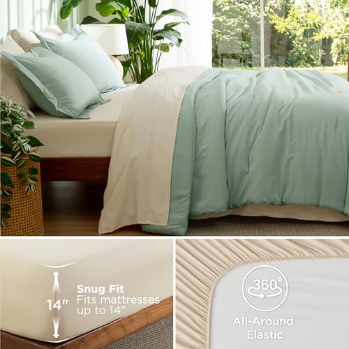 Image of Bedsure Full Size Comforter Set - 7 Pieces Sage Green Full Bedding Set for All Seasons, Boho Contrasting Design Bed in a Bag with Comforter, Sheets, Pillowcases & Shams