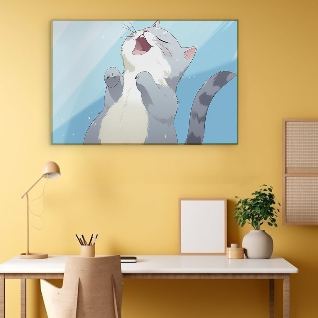Canvas for Living room. Joy Unleashed: A Striped Cat's Sky-High Celebration, 27 x 18 inch Canvas Wall Art - Ready to Hang