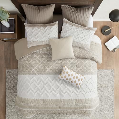 INK+IVY King Comforter Set, Chic Chevron Chenille Tufting Accent, Boho Comforters, All Season, Lightweight Cotton Comforter Bedding, 2 Shams, Mila, Cal Taupe 3 Piece