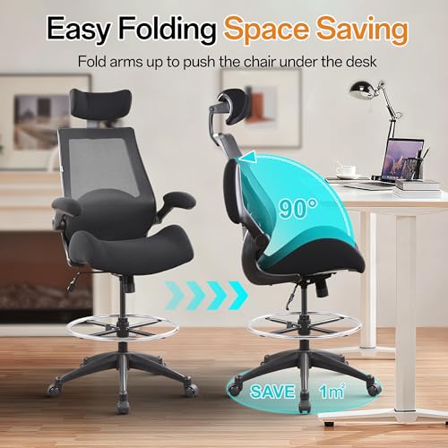 Image of BOLISS Drafting Tall Office Chair 400lbs High Back Wide Standing Desk Chair Comfortable with Flip up Armrests Lumbar Support Adjustable Big Footrest Ring(Black)