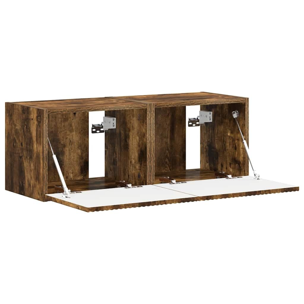 TV-Wandschrank 2er-Set, Geräucherte Eiche, 60x31x29,5 cm, Modernes Design, Wandmontiertes TV-Regal für Wohnzimmer, Media Center mit Stauraum