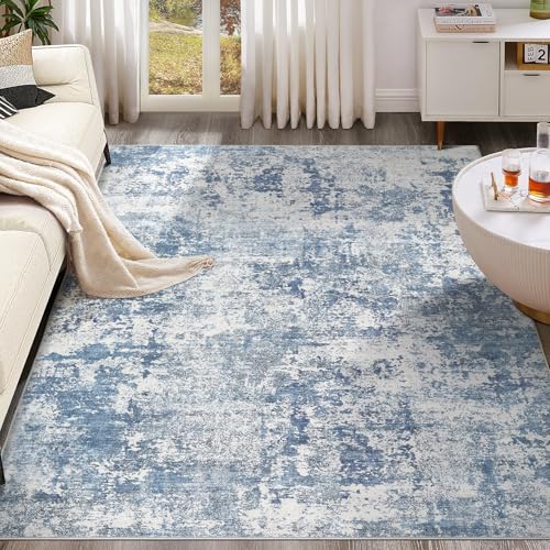 6x9 Area Rug Living Room Rugs - Washable Neutral Modern Abstract Soft Thin Rug Indoor Floor No Slip Rug Carpet for Bedroom Under Dining Table Home Office Decor - Blue White