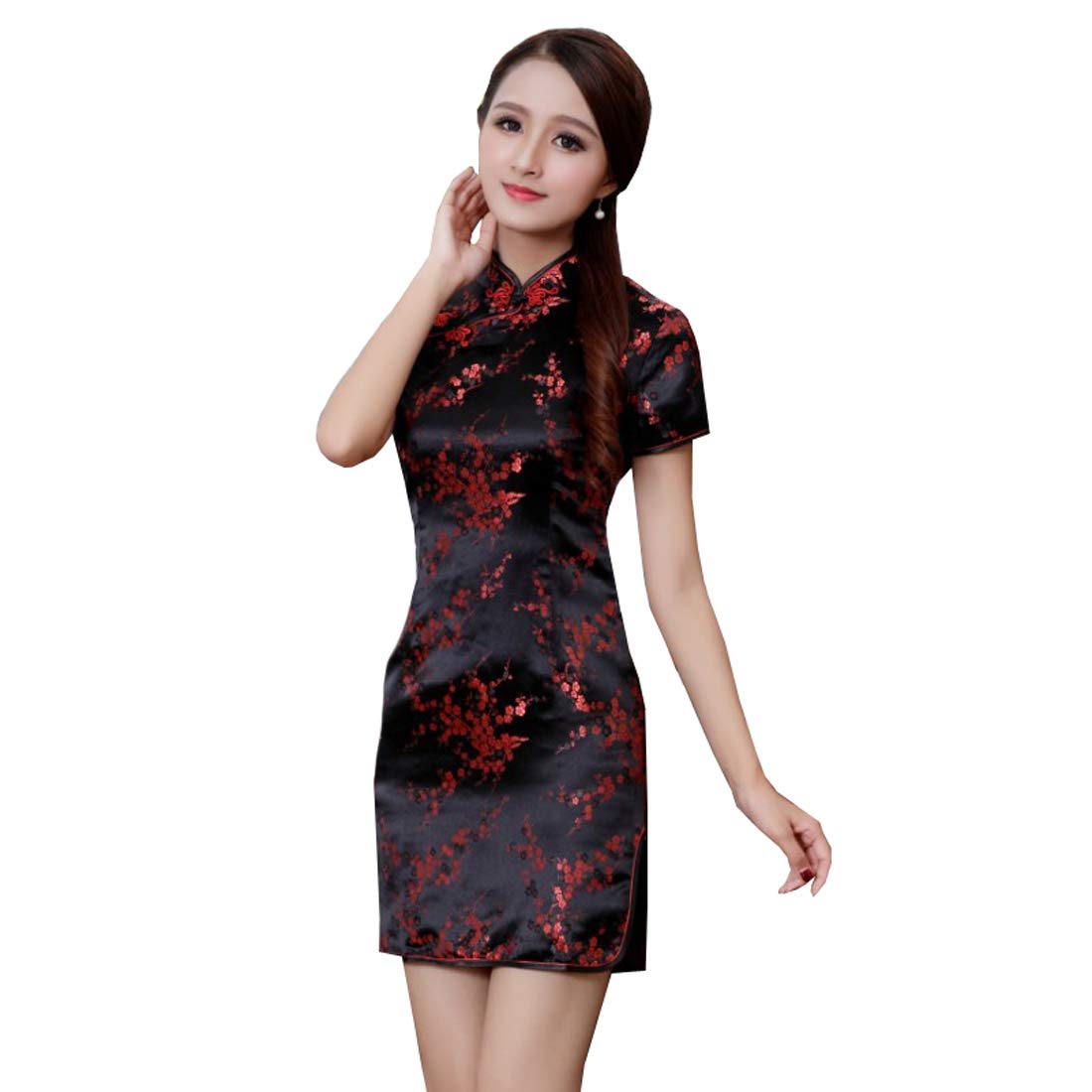 Women's Floral Flower Satin Brocade Qipao Cheongsam Short Sleeve Chinese Dresses Thigh Length