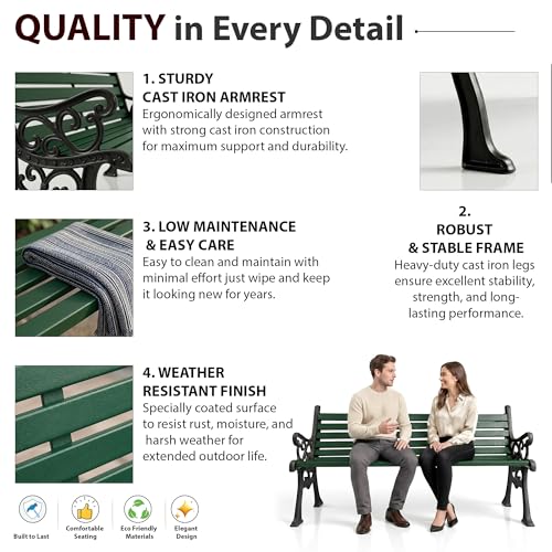 Image of BRISHI 3 Seater cast Iron Garden Bench for Indoor & Outdoor Park /Patio /Living Room /Terrace /Balcony (White) (Black + Green)