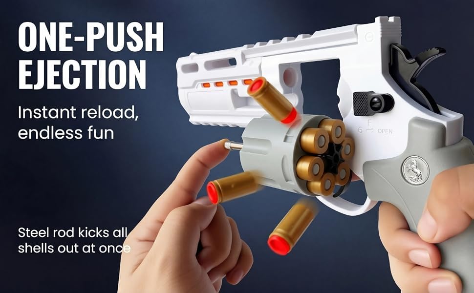 Image of TOYPAPA''Revolver Gun Toy for Boys| Long Barrel Strong ABS Plastic Airsoft Gun Pistol Semi Automatic | 12 Bullet Shell' and 50 Bullets Included''(White+Grey)