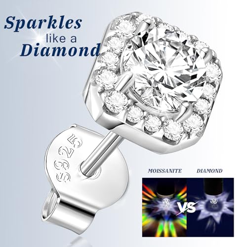 RINEY&KY Moissanite Earrings - Lab Diamond Earrings Studs Women Men, Moissanite Stud Earrings, Moissanite Earring Push Back,18k White Gold Plated, Sterling Silver Halo Round Brilliant, 3-6.5MM,0.2-2.0Carats4