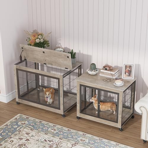 Dog-Crate-Furniture-Dog-Kennel-Side-Table-with-Double-Doors-Wooden-Dog-Kennel-Indoor-with-Wheels-and-Lift-Top-Grey-3858-W-x-252-D-x-2717-H Dog Crate Furniture Dog Kennel Side Table with Double Doors Wooden Dog Kennel Indoor with Wheels and Lift Top Grey 3858 W x 252 D x 2717 H