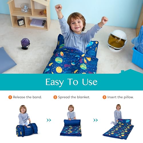Image of JOIEDOMI Toddler Sleeping Bag for Kids 55''x30'' Nap Mat with Removable Pillow and Minky Blanket for Toddler Ages 3-7 Roll Up Soft Kids Sleeping Bag for Boys Girls Kindergarten Daycare Sleepover