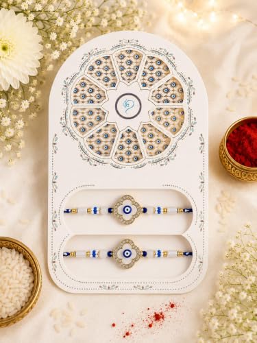 Image of Evil Eye Clover Rakhi with Crystal Beads, Blue & White, Set of 2