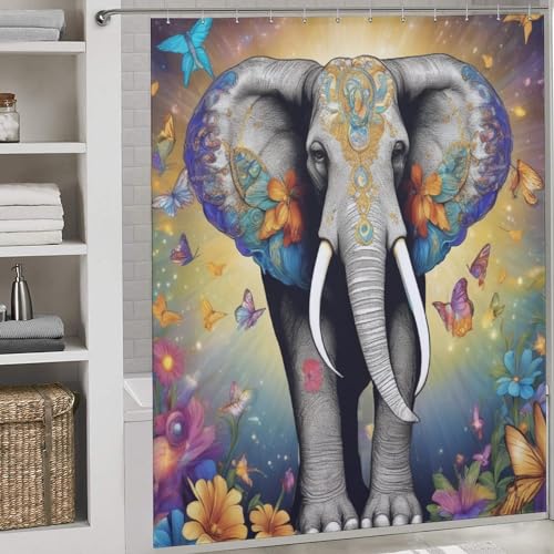 Rideau de douche éléphant lavable et étanche avec crochets inclus