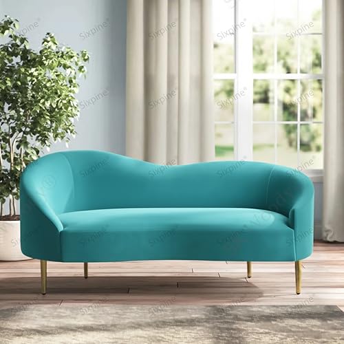 Image of Rosewood Luxury Curved Sofa in Premium Velvet-Fabric | Solid Wood Structure | High Density Foam | Sturdy Golden Legs | Comfortable & Stylish Couch for Modern Living Room (Turquoise, 2 Seater)