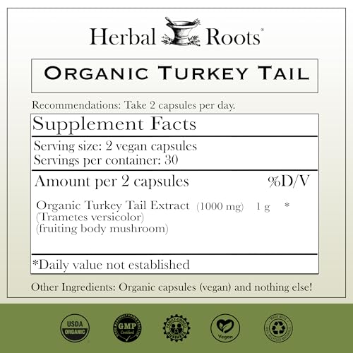 Herbal Roots Organic Turkey Tail Mushroom Supplement - Fruiting Bodies Extract - Immune Support - 60 Vegan Non GMO Capsules - Image 3
