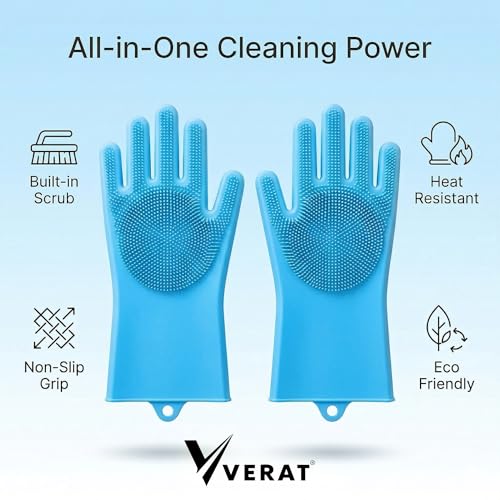 Image of Kitchen Dishwashing Gloves for Washing Dishes - Reusable Rubber /Silicone Cleaning Gloves for Kitchen, Bathroom & Car Cleaning - Waterproof Household Hand Gloves for Women, Home Essentials (Blue)