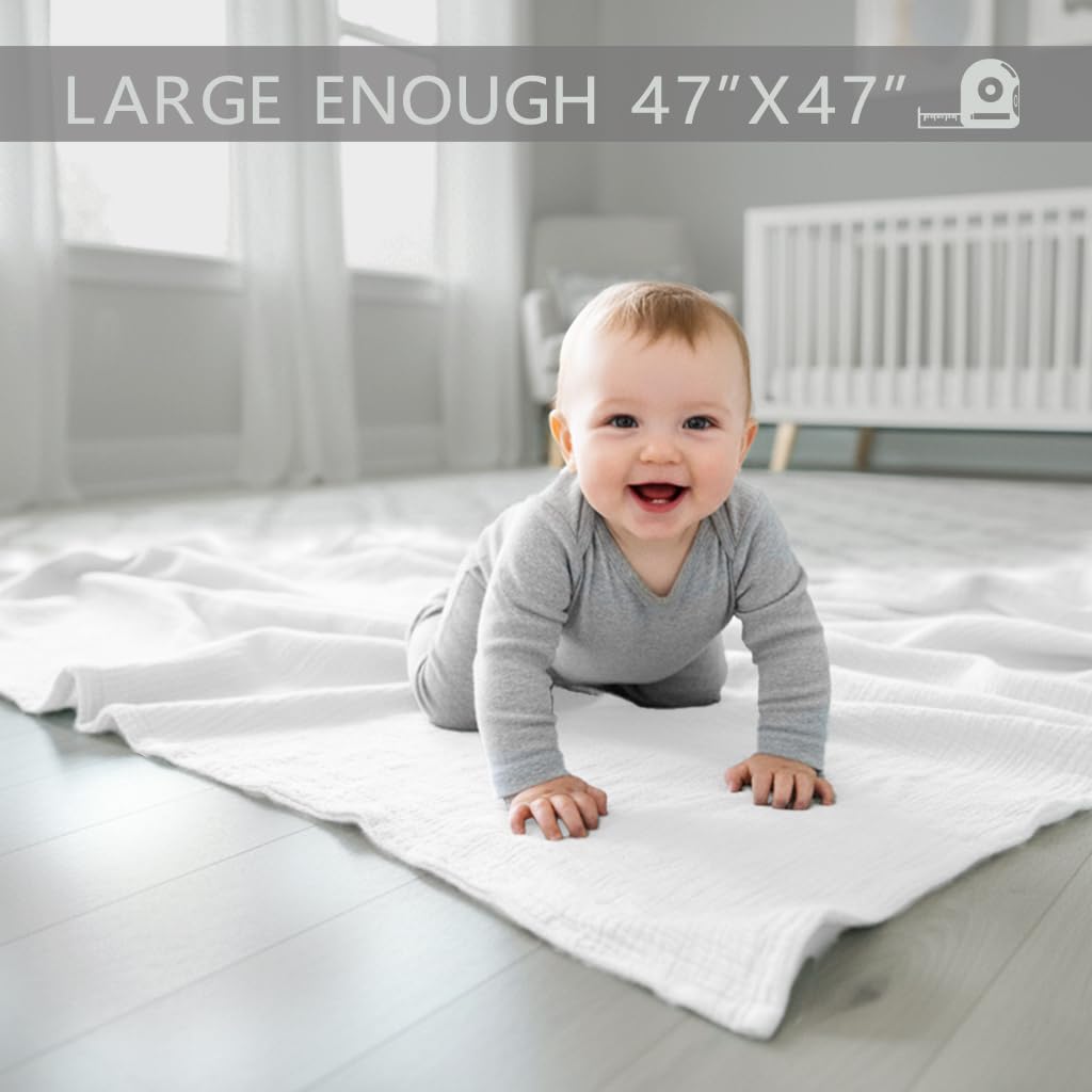 Muslin Swaddle Blankets for Baby Boy - 3 Pack 47x47 Inch Large Receiving Blankets, Soft Breathable Cotton Nursery Swaddles for Newborn, Infant & Todler, White
