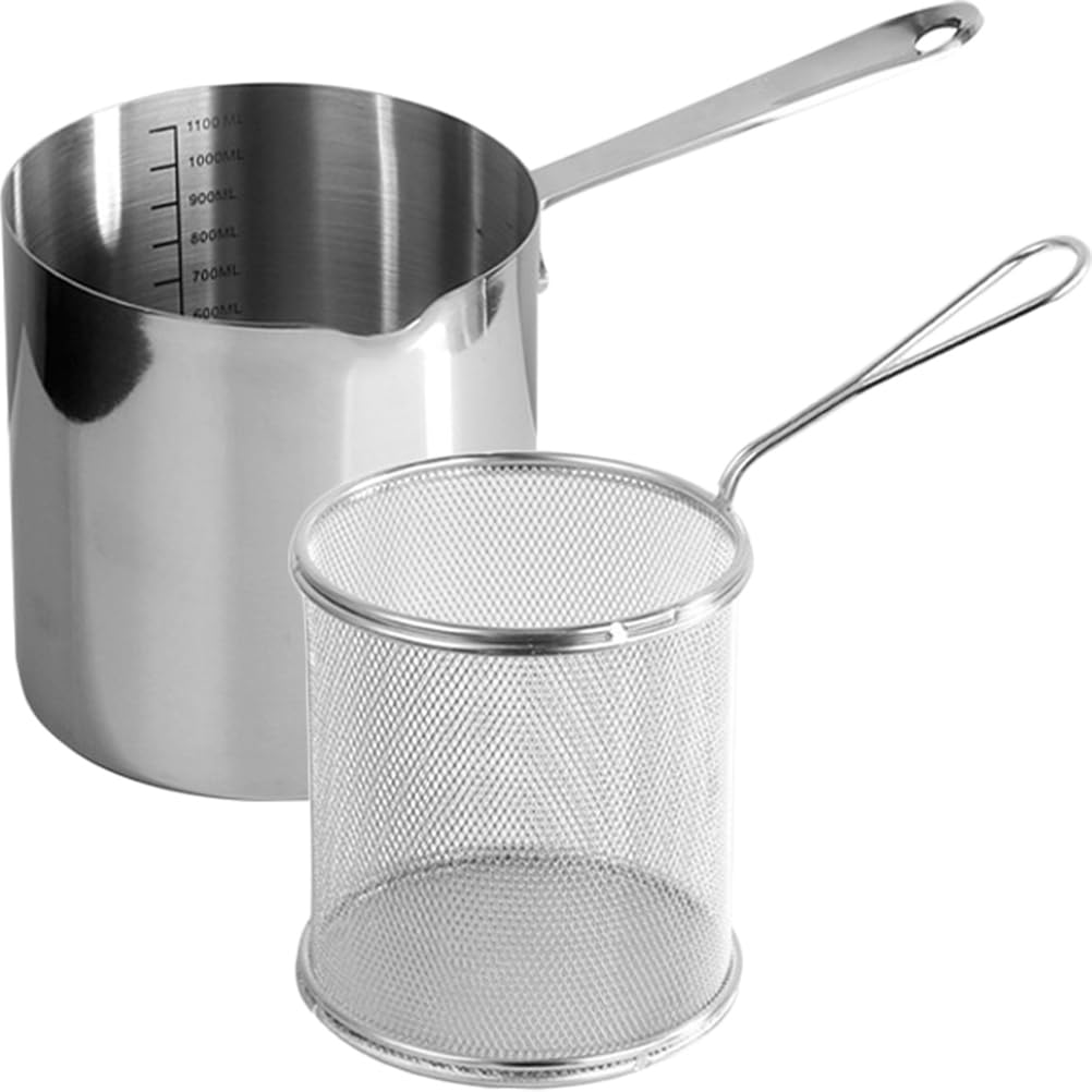 UPKOCH 2 Packs 304 Stainless Steel Deep Fryer Pot with Strainer Basket, Perfect for Frying Fish, Chicken, and French Fries, Includes Oil Drip Drainer Rack and Glass Lid, 1.2 L(1.2Qt) for Home Kitchen